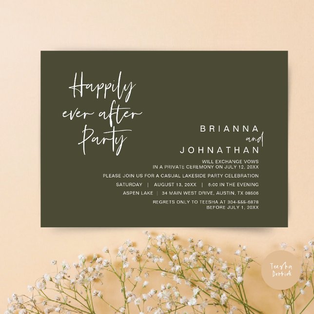 Zum Glück je nach Hochzeitsfeier, Olive Green Einladung (Happily Ever After Party Invitation Card, PDF, Modern Wedding Elopement, in Olive Green)