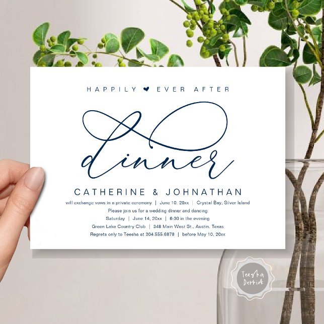 Zum Glück nach dem Abendessen, modernes romantisch Einladung (Happily Ever After Dinner Party, Modern Romantic Wedding  Invitation Card, PDF, Classy Navy Blue)