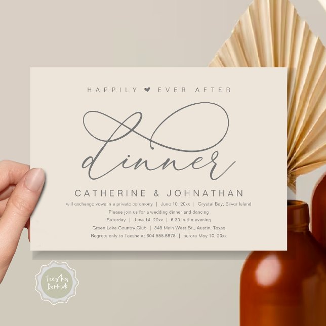 Zum Glück nach dem Abendessen, modernes romantisch Einladung (Happily Ever After Dinner Party, Modern Romantic Wedding  Invitation Card, PDF, Dark Grey Cream)