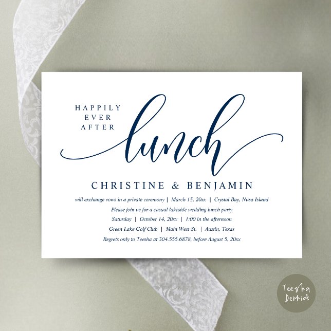 Zum Glück nach dem Mittagessen Elopement, moderne  Einladung (Happily Ever After Lunch, Modern Wedding Elopement Invitation Card, PDF, in navy Blue)