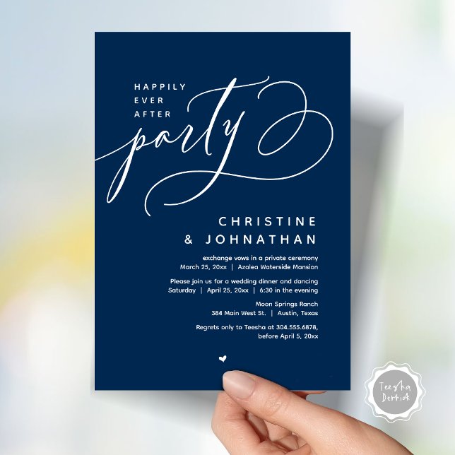 Zum Glück nach dem Party, das moderne Hochzeitsess Einladung (Romantic Happily Ever After Party, Modern Wedding Dinner Invitation Card, PDF, Classy Navy Blue)