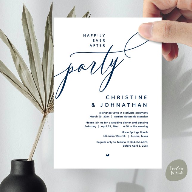Zum Glück nach dem Party, das moderne Hochzeitsess Einladung (Romantic Happily Ever After Party, Modern Wedding Dinner Invitation Card, PDF, Classy Navy Blue)