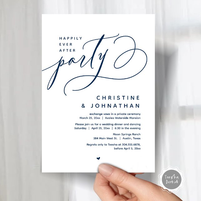 Zum Glück nach dem Party, das moderne Hochzeitsess Einladung (Romantic Happily Ever After Party, Modern Wedding Dinner Invitation Card, PDF, Classy Navy Blue)