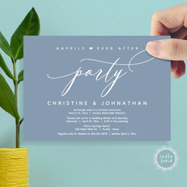 Zum Glück nach dem Party, das moderne Hochzeitsess Einladung (Happily Ever After Party, Modern Wedding Dinner Invitation Card, Modern Romantic, PDF, Dusty Blue)