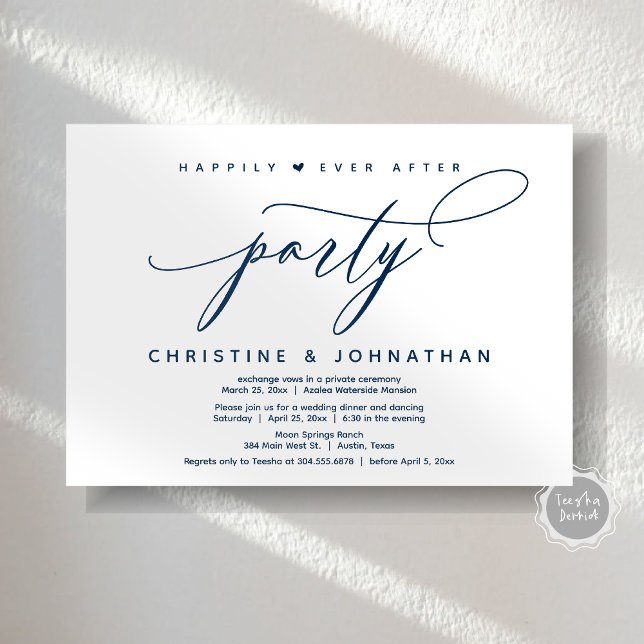 Zum Glück nach dem Party, das moderne Hochzeitsess Einladung (Happily Ever After Party, Modern Wedding Dinner Invitation Card, Modern Romantic, PDF, Navy Blue)
