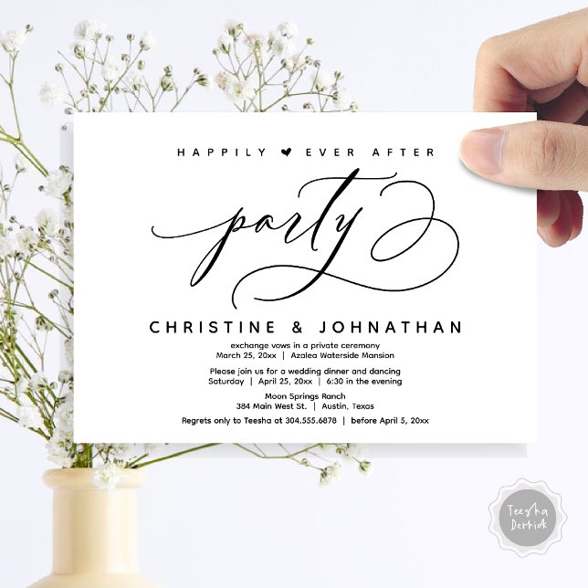 Zum Glück nach dem Party, das moderne Hochzeitsess Einladung (Happily Ever After Party, Modern Wedding Dinner Invitation Card, Modern Romantic, PDF, Black White)