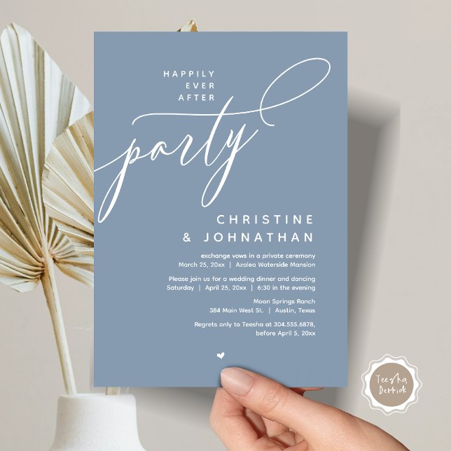 Zum Glück nach dem Party, das moderne Hochzeitsess Einladung (Romantic Happily Ever After Party, Modern Wedding Dinner Invitation Card, PDF, Dusty Blue)