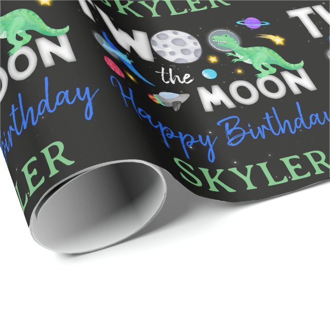 Zum Mond Dinosaurier Astronaut 2. Geburtstag Geschenkpapier (Rolleneckpunkt)