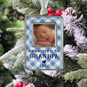 Zum Opa befördert Baby-Foto Blau Gingham Retro Rahmen-Ornament Silber