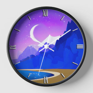Zunehmender Mond, See und Berge in Violett und Bla Uhr