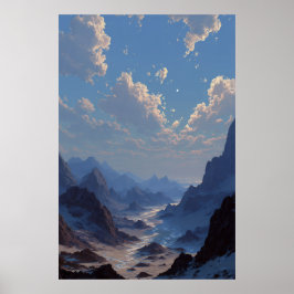 Zunehmender Mond über nebligem Bergtal Poster