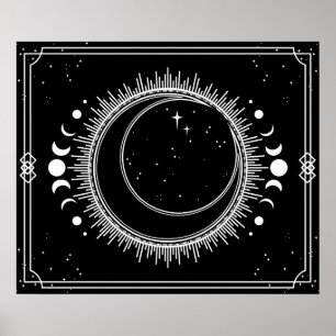 Zunehmender Mond und Sonne mit Sternen Schwarzweiß Poster