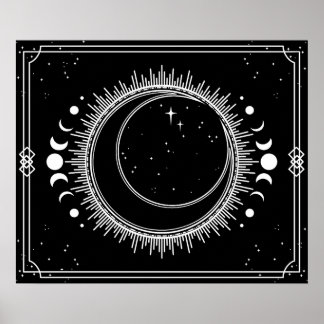 Zunehmender Mond und Sonne mit Sternen Schwarzweiß Poster