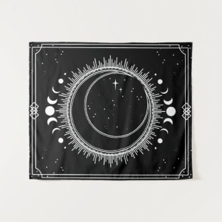 Zunehmender Mond und Sonne mit Sternen Schwarzweiß Wandteppich