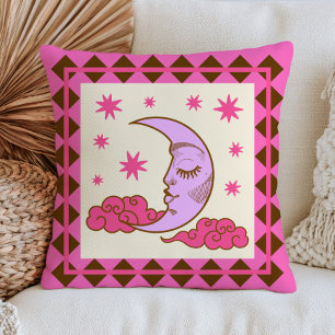 Zunehmender Mond und Sterne BOHO Chic Rosa Himmels Kissen