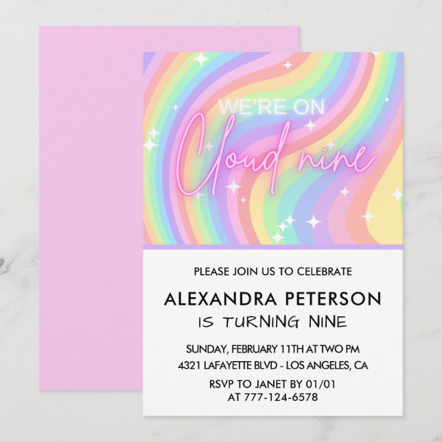 Zur Cloud 9 Geburtstag Einladung Magisch Pink (Vorne/Hinten)