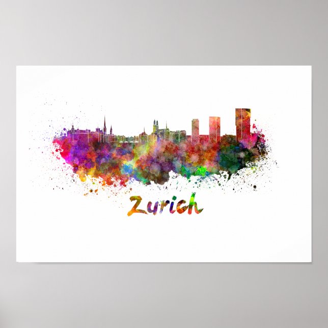 Zürcher Skyline in Aquarellfarbe Poster (Vorne)