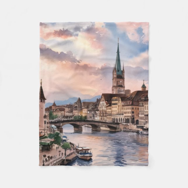 Zürich Schweiz Aquarellmalerei Fleecedecke (Vorderseite)