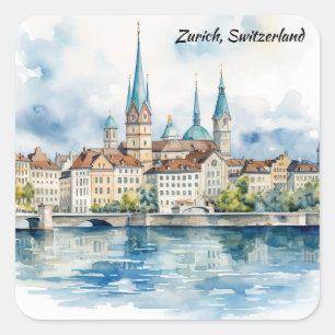 Zürich Schweiz Aquarellmalerei Quadratischer Aufkleber