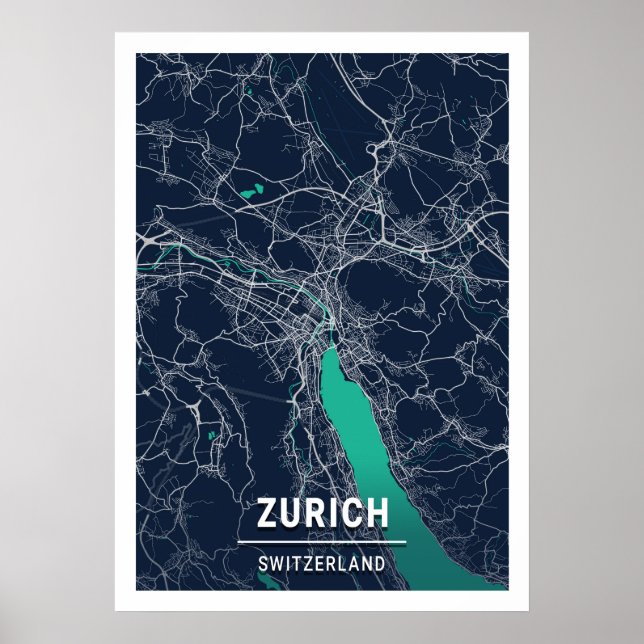 Zürich - Schweiz Blue Dark City Map Poster (Vorne)