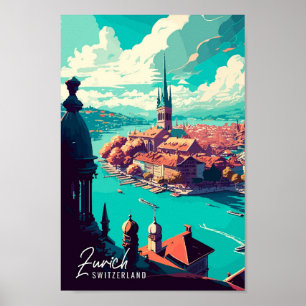 Zurich Schweiz Kunst Vintage Reise Illustration Poster