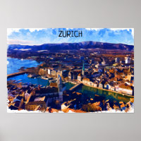 Zürich Schweiz Panoramaausblick Wasserfarbe