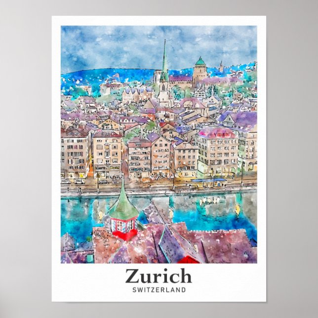 Zürich Schweiz Reisen Wasserfarben Hand Dragee Poster (Vorne)