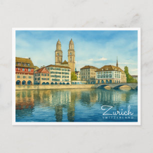 Zürich Schweiz Retro-Aquarell-Reise Feiertagspostkarte