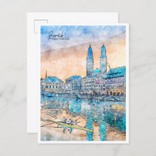 Zürich Schweiz Vintage Reise Aquarell Postkarte