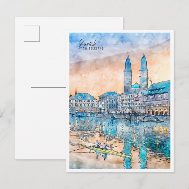 Zürich Schweiz Vintage Reise Aquarell Postkarte (Vorne/Hinten)