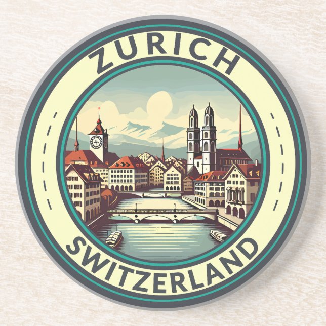 Zurich Switzerland Illustration Travel Art Abzeich Getränkeuntersetzer (Vorne)