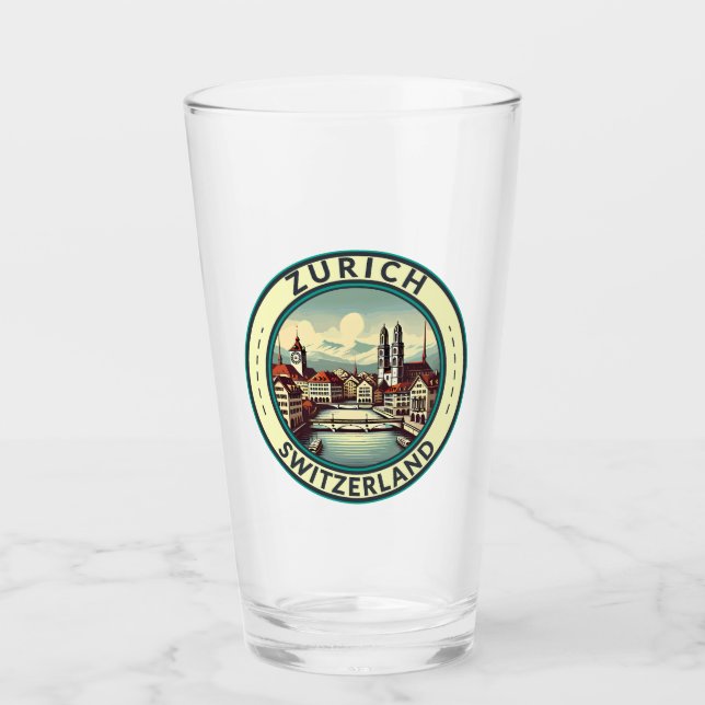 Zurich Switzerland Illustration Travel Art Abzeich Glas (Vorderseite)