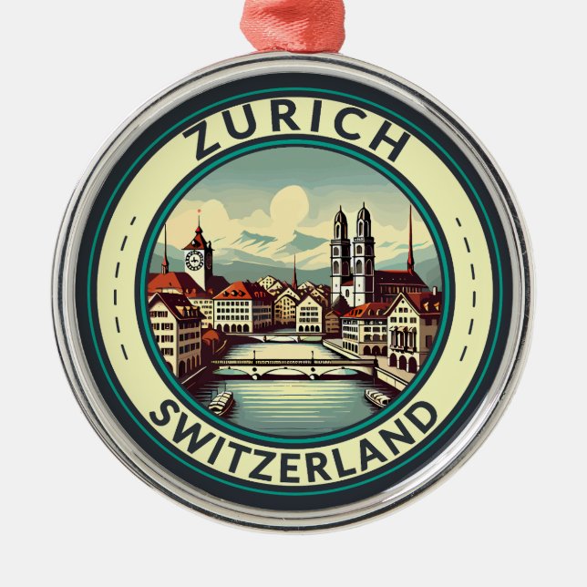Zurich Switzerland Illustration Travel Art Abzeich Ornament Aus Metall (Vorne)