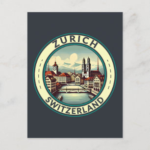 Zurich Switzerland Illustration Travel Art Abzeich Postkarte