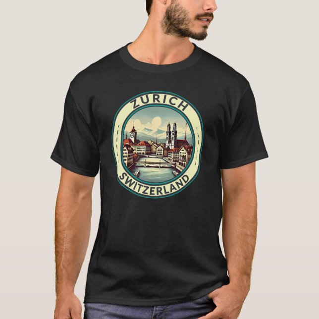 Zurich Switzerland Illustration Travel Art Abzeich T-Shirt (Vorderseite)