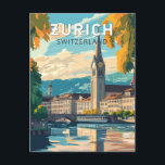 Zurich Switzerland Reisen Vintag Postkarte<br><div class="desc">Zurich Retrovektor-Reisedesign. Die malerischen Gassen der Altstadt, auf beiden Seiten des Flusses Limmat, spiegeln ihre prämittelalterliche Geschichte wider.</div>