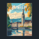 Zurich Switzerland Reisen Vintag Postkarte<br><div class="desc">Zurich Retrovektor-Reisedesign. Die malerischen Gassen der Altstadt,  auf beiden Seiten des Flusses Limmat,  spiegeln ihre prämittelalterliche Geschichte wider.</div>