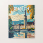 Zurich Switzerland Reisen Vintag Puzzle<br><div class="desc">Zurich Retrovektor-Reisedesign. Die malerischen Gassen der Altstadt,  auf beiden Seiten des Flusses Limmat,  spiegeln ihre prämittelalterliche Geschichte wider.</div>