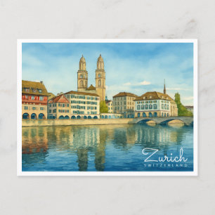 Zurich Switzerland Retro Watercolor Reisen Feiertagspostkarte
