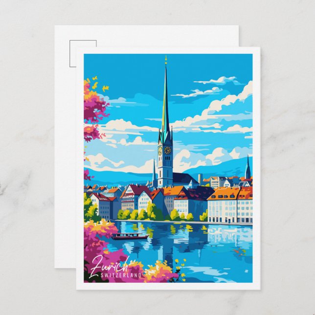 Zurich Switzerland Vintage Illustration Postkarte (Vorne/Hinten)