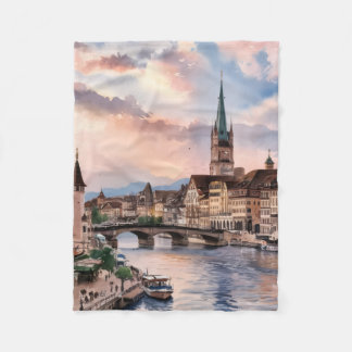 Zurich Switzerland Watercolor Painting Fleecedecke