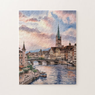 Zurich Switzerland Watercolor Painting Puzzle