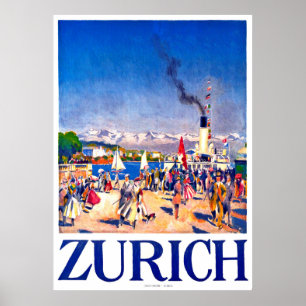 Zurich, tourist ship on city dock, Switzerland Poster
