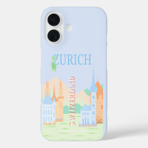Zurich Travel Art, Schweiz, Blue Retro Travel iPhone 16 Hülle