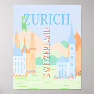 Zurich Travel Art, Schweiz, Blue Retro Travel Poster