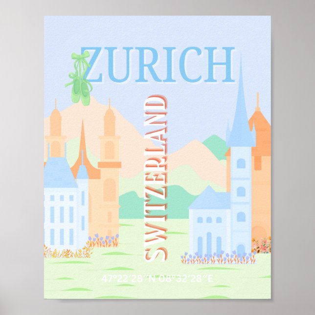 Zurich Travel Art, Schweiz, Blue Retro Travel Poster (Vorne)