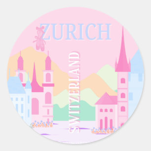 Zurich Travel Art, Schweiz, Pink Preppy Runder Aufkleber