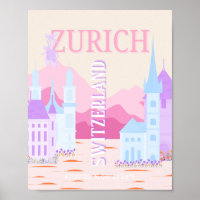 Zurich Travel Art, Schweiz, Pink Preppy Travel