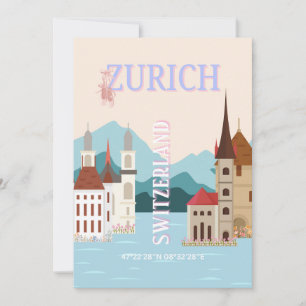 Zurich Travel Art, Schweiz Reisen Art, Retro Feiertagskarte