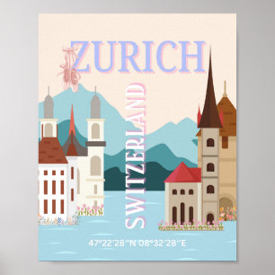 Zurich Travel Art, Schweiz Reisen Art, Retro Poster